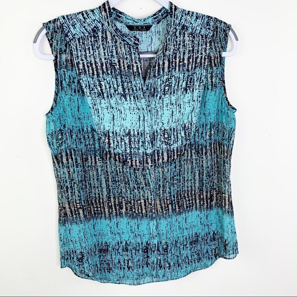 ZOA New York Sleeveless Aqua Print Blouse Sz S‎